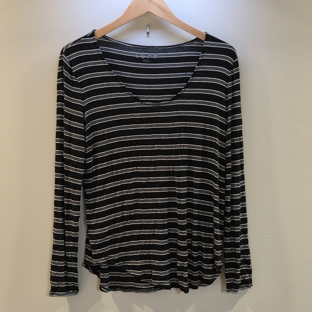 LOFT Black and White Striped Long Sleeve Top